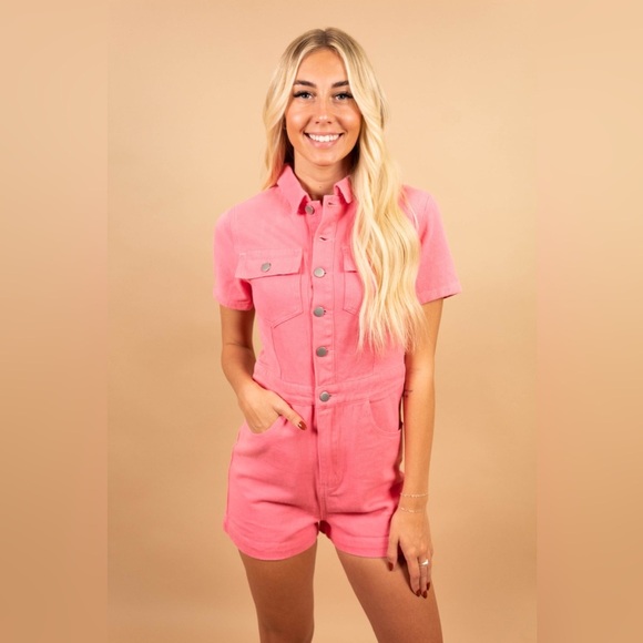 Utility Romper NWT western fringe denim barbie pink rhinestones buttons barbie - Picture 1 of 12